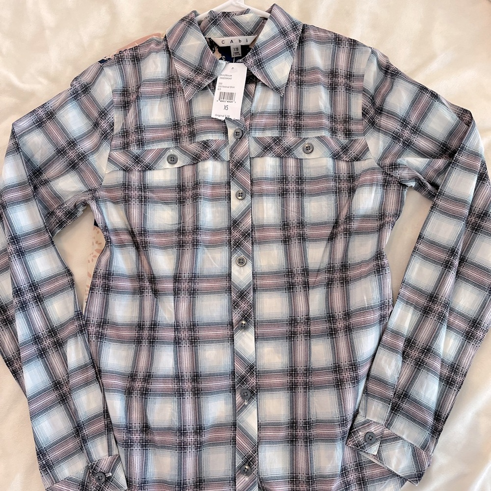 NWT XS CAbi Plaid Floral Festival Shirt